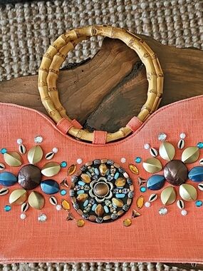 Coral Embellished Satchel with Bamboo Handles